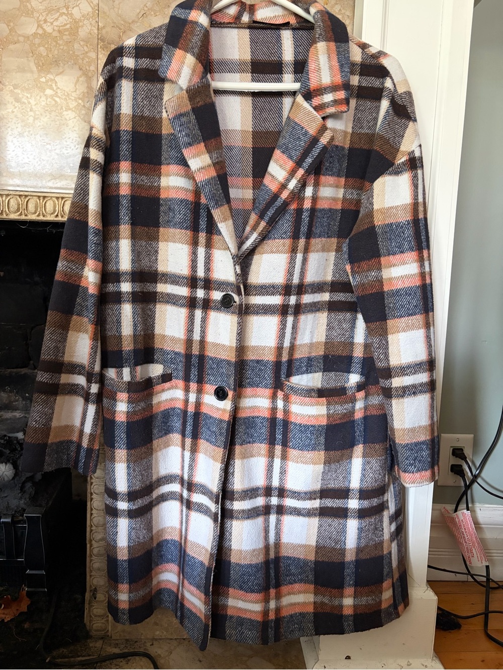 Women's Plaid Pea Coat in Rust, Brown & Cream